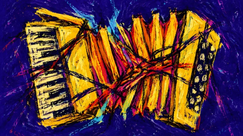 Bellows Under Pressure A crushed accordion caught in tangled lines, representing hyper-analysis, self-doubt, and a repeatin