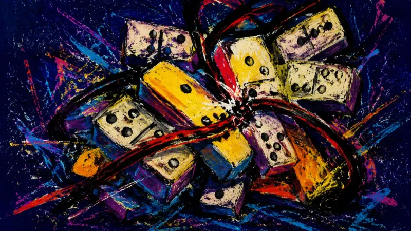 Jammed Sequence An abstract domino set compressed into a chaotic loop, representing social-clock pressure and