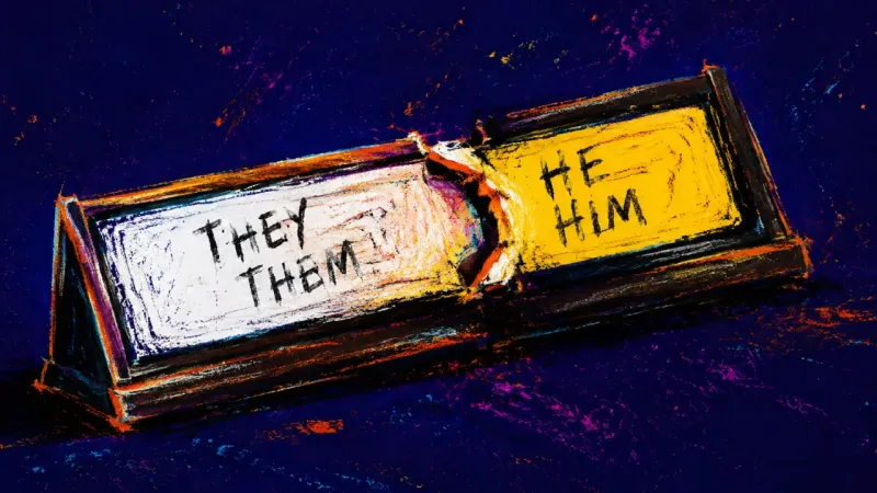 The Stalled Label A desk nameplate stuck between two labels, symbolizing paralysis between contacting a coworker and**
