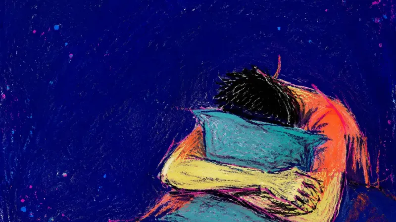 The Deferred Exhale A faceless torso folded around a pillow, symbolizing the repeated sacrifice of sleep to unfinished