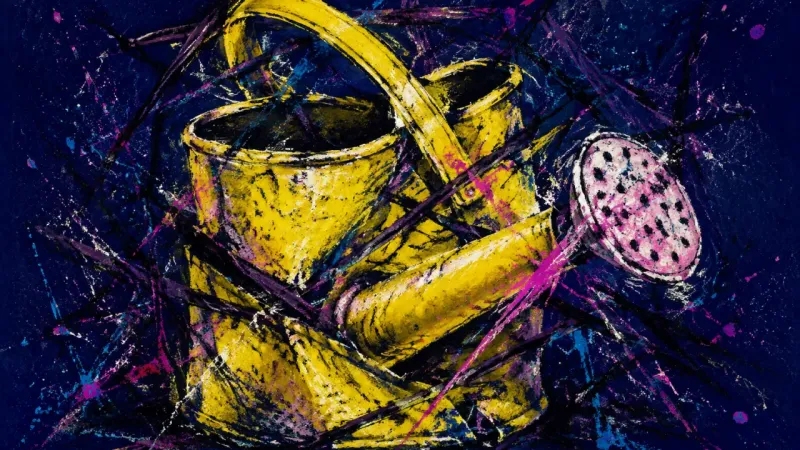 Watering Can Under Pressure An abstract watering can crushed into a blocked form, representing exhaustion and postponed recovery