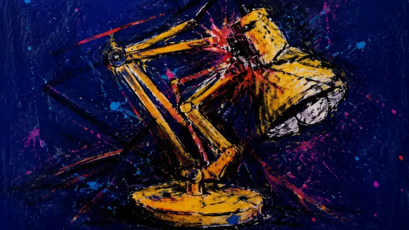 A crushed desk lamp represents performance anxiety, overwork, and fear that rest will cost a