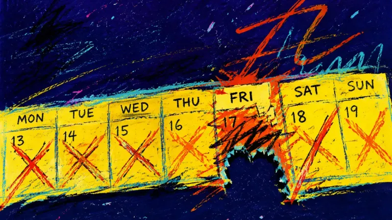 A weekly calendar with one future rest date repeatedly cancelled, symbolizing the habit of waiting t
