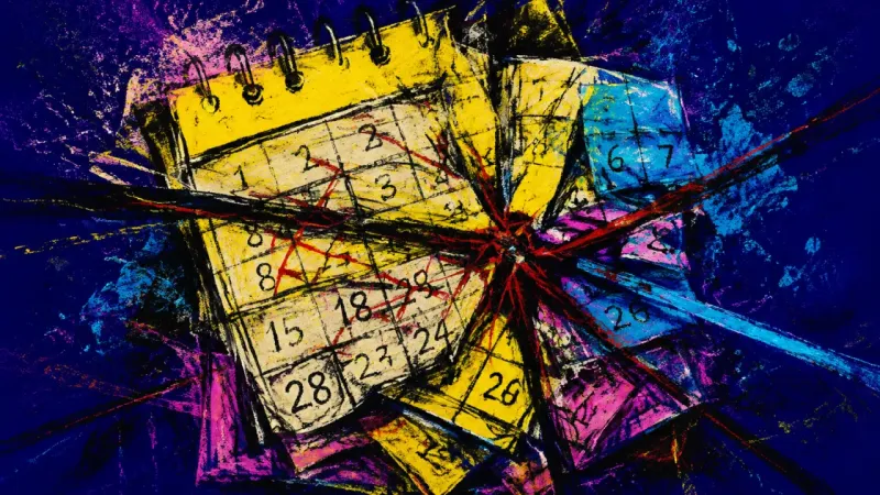 A crushed calendar grid represents reactive rest procrastination, with time off postponed until