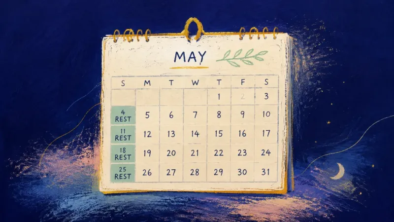 An orderly calendar shows time off planned in advance, representing balanced capacity, proactiverest