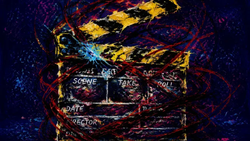 A deformed clapperboard trapped in tangled lines, representing spiritual bypassing that keeps grief