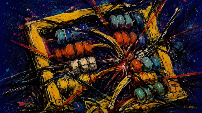 Abacus Under Pressure An abacus crushed into tangled rows, representing compulsive productivity, frustrated self-measure‑‑