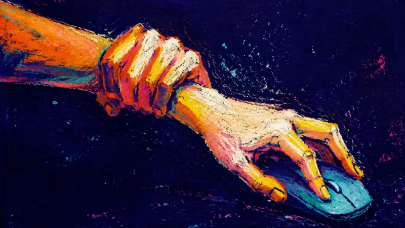 One hand restrains the opposite wrist as the fingers keep clicking a computer mouse, symbolizing des