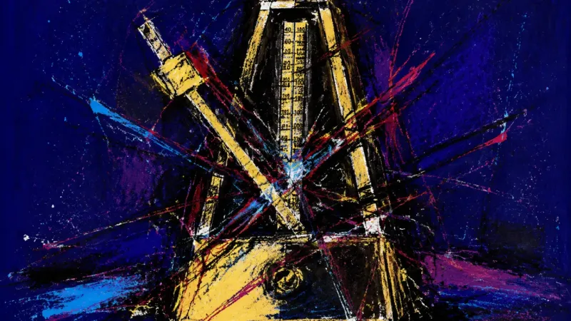 Jammed Inner Rhythm A distorted metronome represents delayed reward discipline, with stalled progress turning rest and.