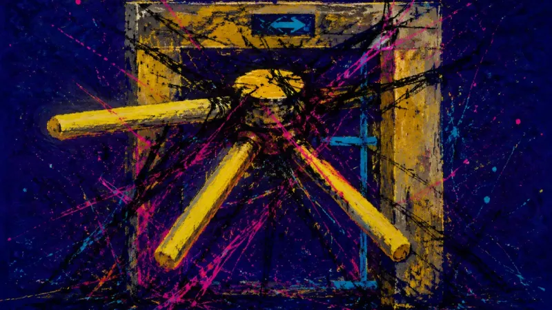 The Jammed Cycle A collapsed turnstile surrounded by tangled lines, representing exhaustion, repetitive overwork, and