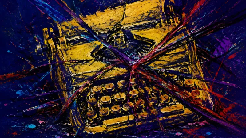 Keys Under Siege A typewriter crushed into tangled key rows, representing deadline anxiety, perfectionism, and the