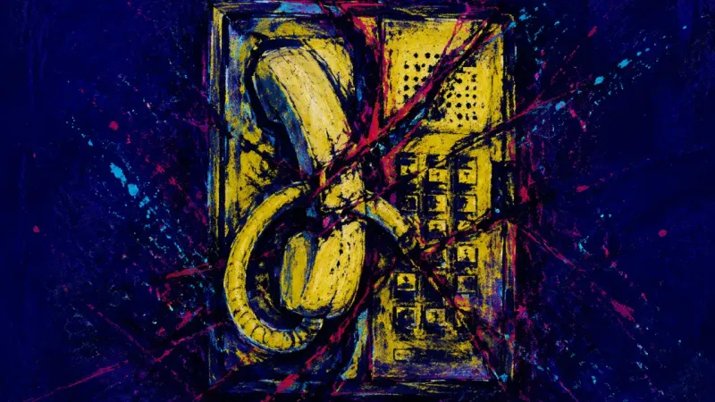 The Sealed Channel An abstract intercom crushed by tangled lines, representing alienation caused by confusing audience