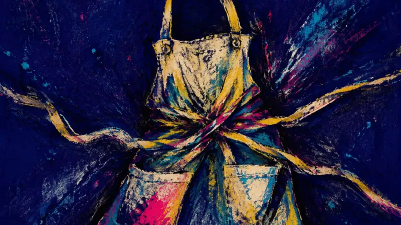 A compressed apron tangled in its own ties, representing the pressure to earn family belonging by