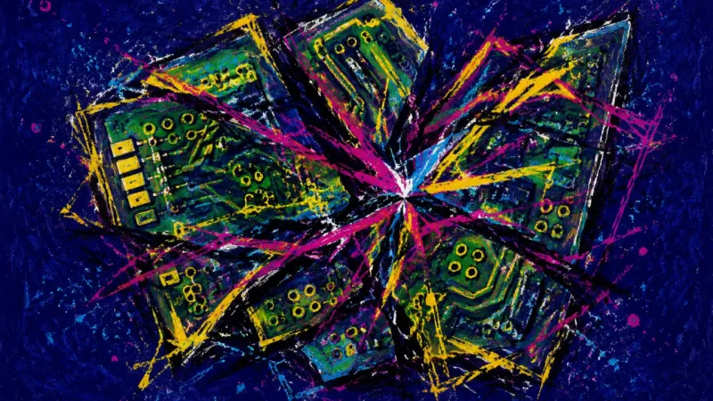 The Punitive Circuit A circuit board crushed into overlapping pathways and bound by chaotic lines, representing self-dou
