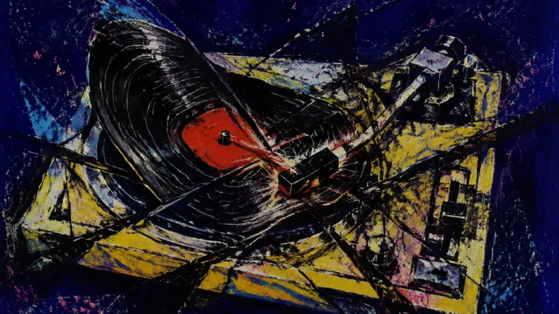 Stalled Signal An abstract record player overwhelmed by tangled controls, representing burnout, avoidance, and the