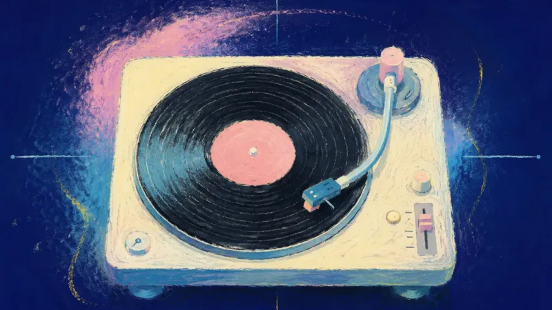 Restored Rhythm An abstract record player restored to orderly rhythm, representing balanced social connection,ional?