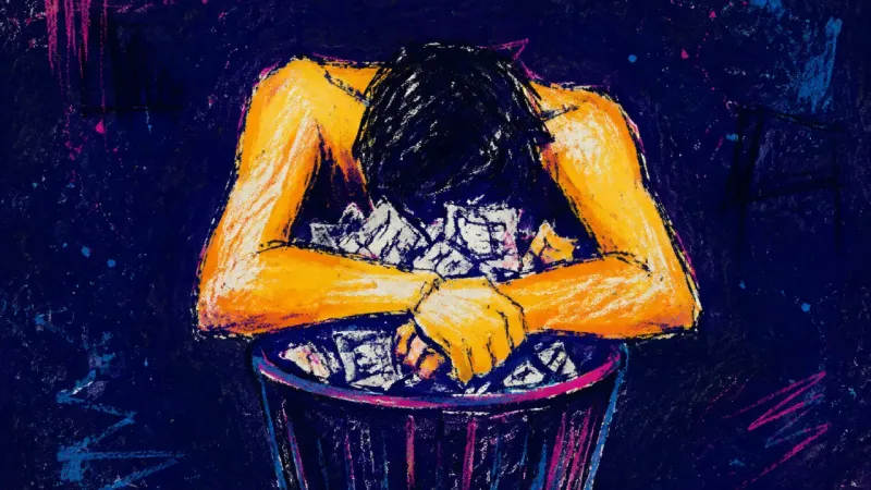 An abstract figure gripping a wastebasket of discarded drafts, symbolizing shame after an unfiltered