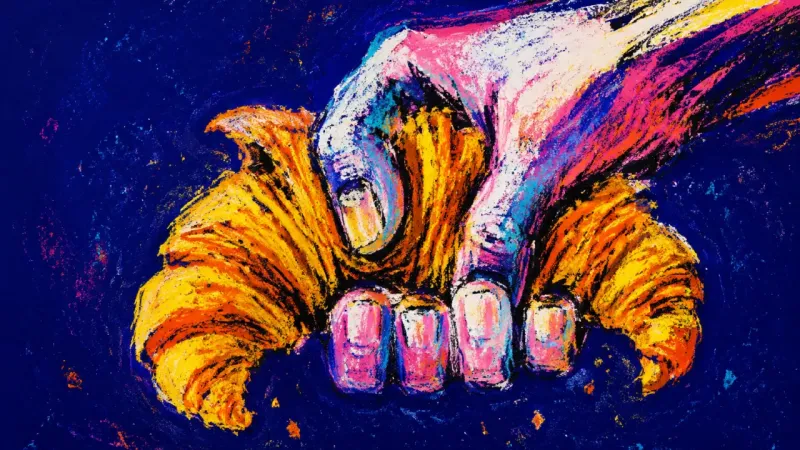 The Audited Morning A tightly clenched hand crushes an untouched croissant, symbolizing career comparison turning a sab