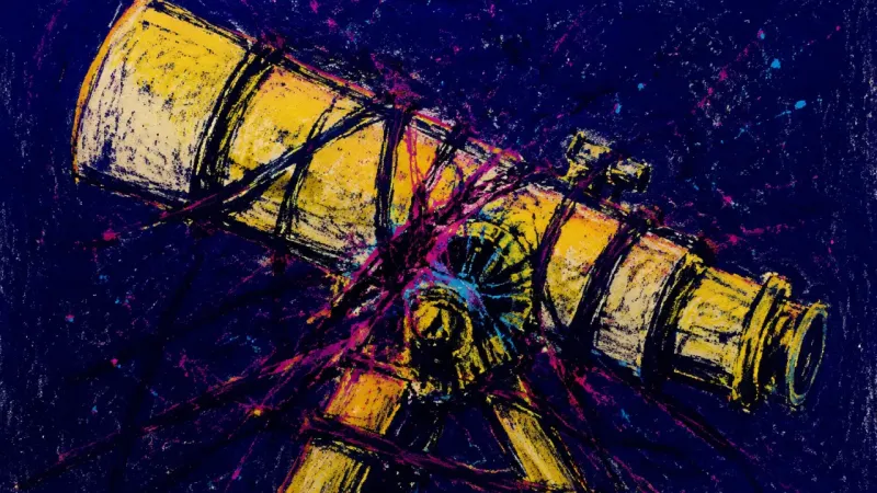 Collapsed Field of View A crushed telescope bound by chaotic lines represents comparison anxiety and the belief that a