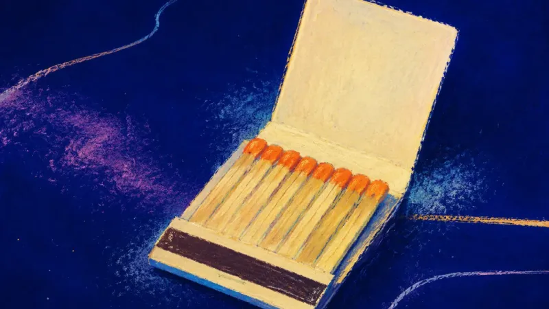 Spark Into Motion A restored matchbook with an orderly match row, representing romantic uncertainty resolved through e
