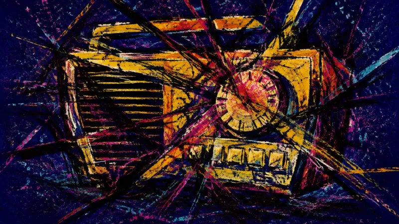 Signal Under Pressure An abstract radio crushed into visual disorder, representing the anxious search for meaning after
