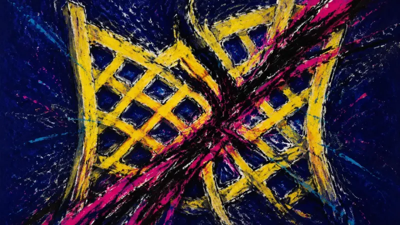 A trellis crushed into a tangled form, representing career anxiety, overwork, and uncertainty about2