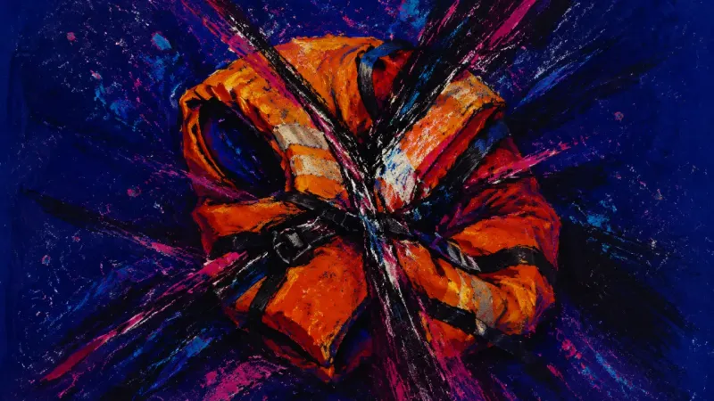 An abstract life jacket crushed by tangled lines, representing mutual burnout and the fear that rest