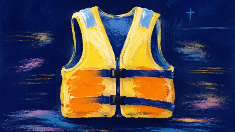 An abstract life jacket restored to an open, balanced shape, representing mutual care with protected