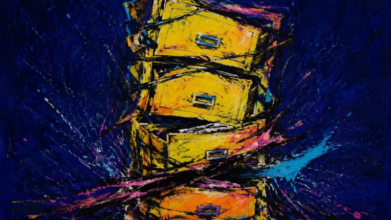 Compartment Collapse A distorted filing cabinet represents oversharing as the price of belonging, its compartments caught