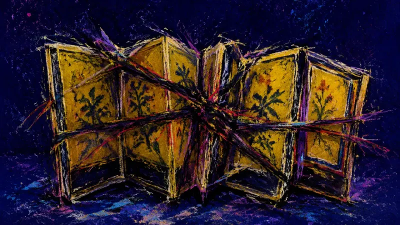 An abstract folding screen buckles under repeated conflict, representing the pressure of waiting for