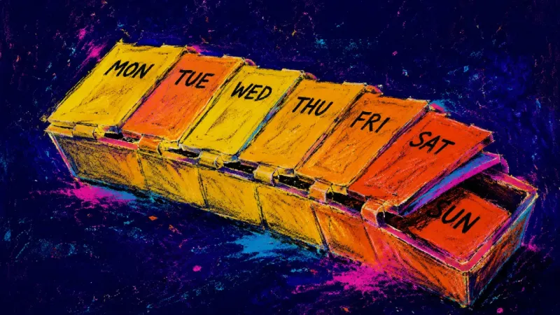 A weekly pill organizer with seven lids crushed into one jammed strip, symbolizing a routine loaded 