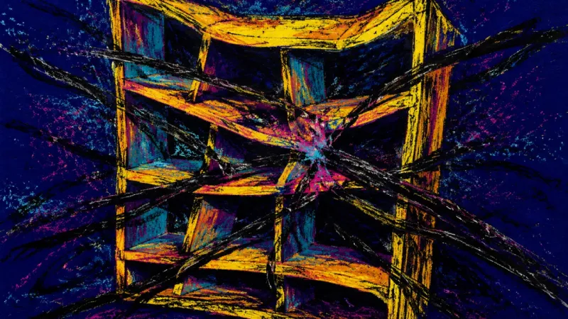 Framework Under Strain A shelving unit crushed into a tangled lattice, representing habit overload, rigid self-monitoring,
