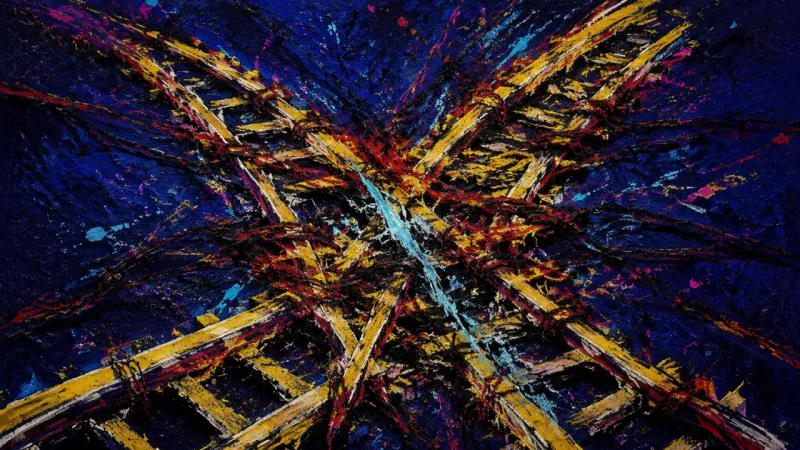 The Urgent Detour An abstract railway junction tangled into blocked crossings, representing the urge to escapeintimacy