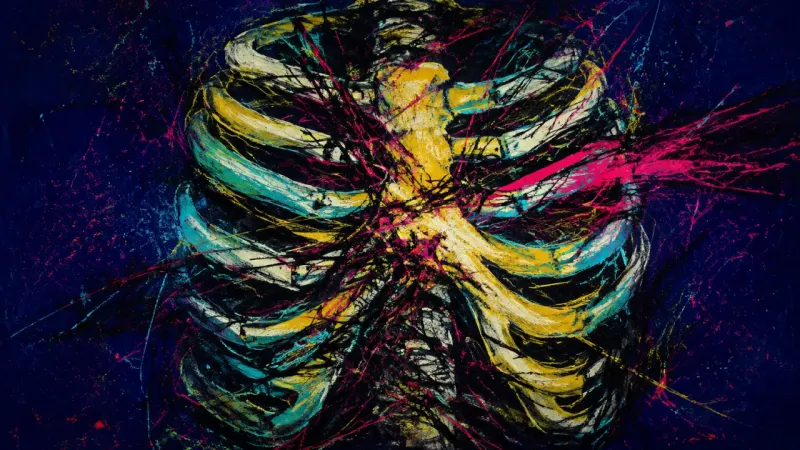 Ribcage of Maybe A crushed ribcage bound by chaotic lines, representing compulsive checking and self-doubt within an