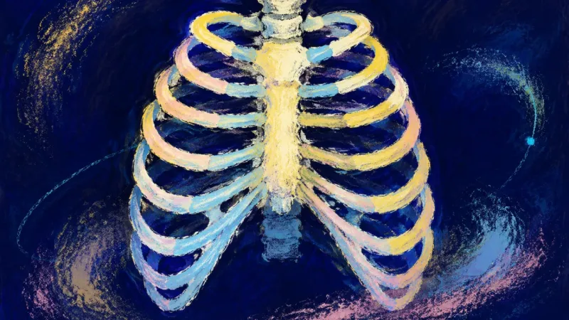 Breath Regains Form A restored ribcage with balanced arcs and clear edges, representing self-trust and order after