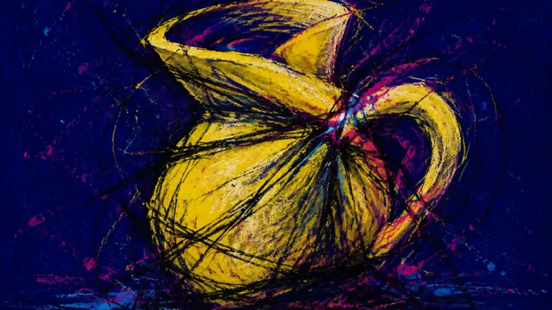 Capacity Under Pressure An abstract pitcher compressed by chaotic strokes represents anxiety about falling behind and over