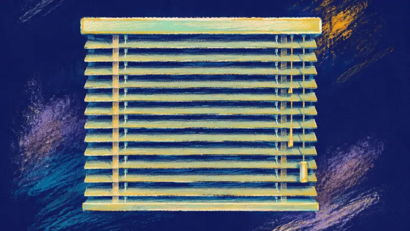 A restored office blind with evenly spaced slats, representing professional confidence, sustainable2