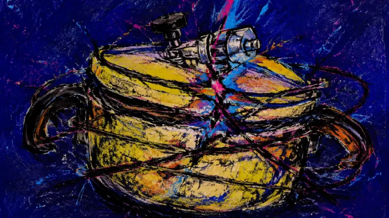 A distorted pressure cooker is bound by chaotic lines, expressing oversharing, exposed boundaries,