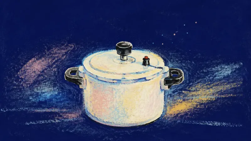 A restored pressure cooker holds a balanced outline, representing paced disclosure, reciprocal recon