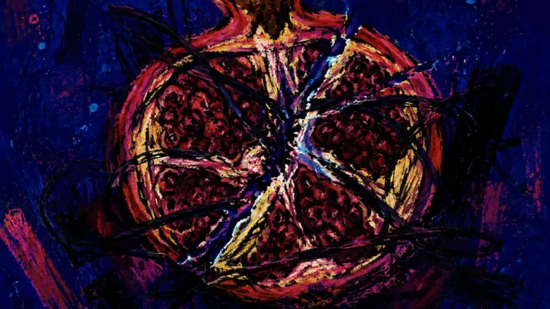 Chambers Under Siege A distorted pomegranate with crushed inner chambers represents shame, self-editing, and the pressure
