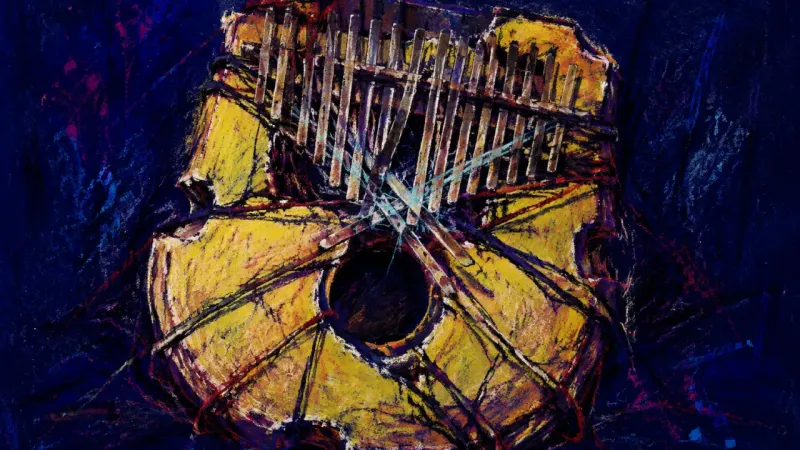 Muted Reckoning A distorted kalimba trapped by crossing lines, representing spiritual bypassing, unresolved betrayal