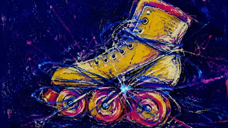 Jammed Momentum A distorted roller skate bound by crossing lines, symbolizing romantic uncertainty that stalls plans
