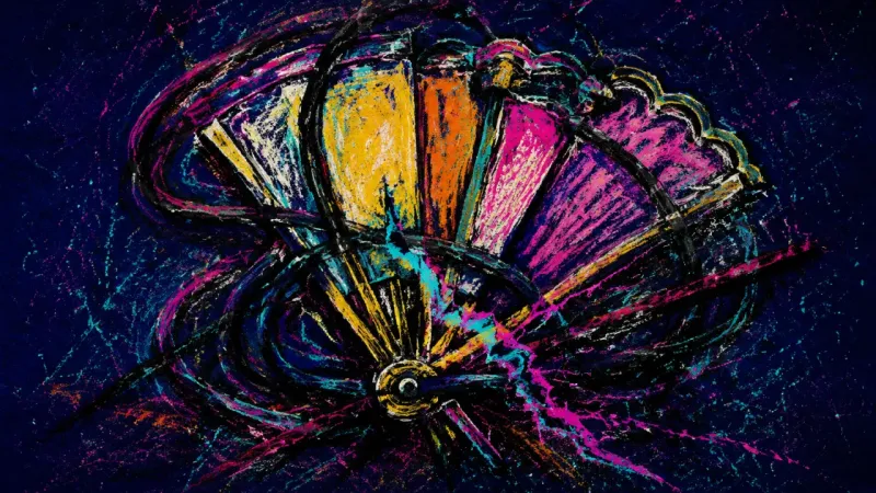 The Gripped Arc A crushed hand fan bound by tangled lines represents compulsive reassurance-seeking and lost inner l