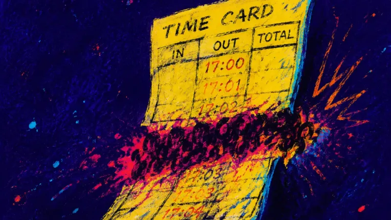 A timecard with its final clock-out row damaged and unreadable, symbolizing overwork used to prove||