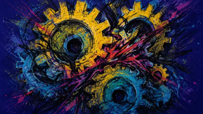 An abstract gear train tangled into a dense, oppressive mass, representing overwork, fear of||||