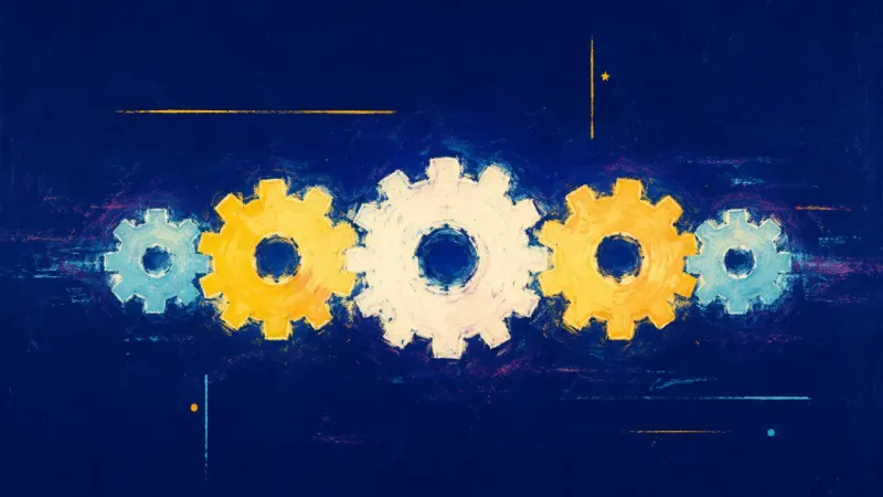 An abstract gear train restored to an orderly rhythm, representing clear priorities, sustainable||||