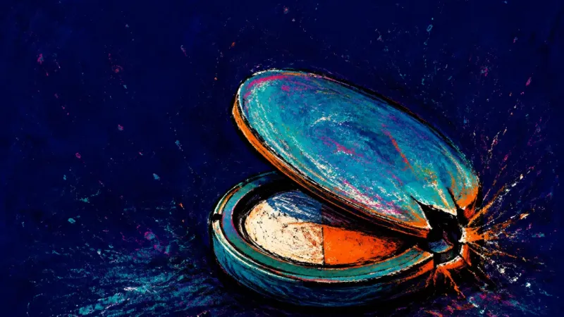 A compact mirror forced shut, symbolizing carefully limited vulnerability and fear that being fully