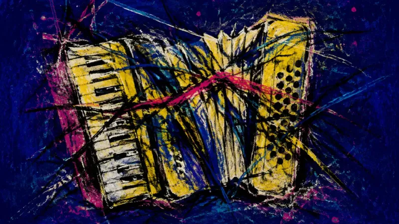 Collapsed Bellows An accordion compressed into a chaotic form, representing guarded vulnerability and fear that