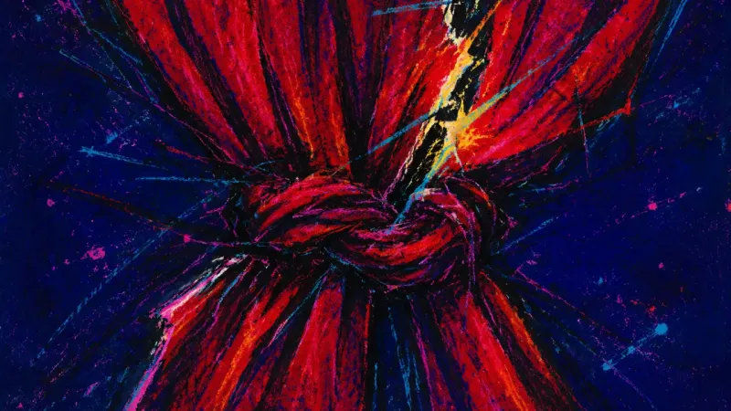 Curtain Under Siege A theatre curtain crushed into a tight knot, representing public vulnerability trapped in compuls