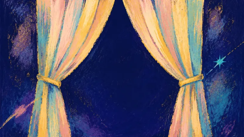 Measured Reveal A restored theatre curtain with balanced folds, representing selective sharing, private reflection,